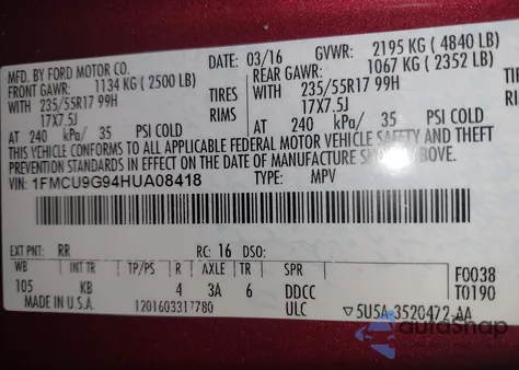 2017 Ford Escape Se from USA, damaged, VIN 1FMCU9G94HUA08418